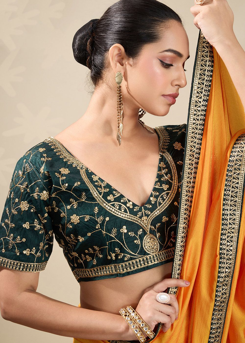 Nayoora Mustard Yellow Vichitra Saree with Emerald Green Embroidered Art Silk Blouse