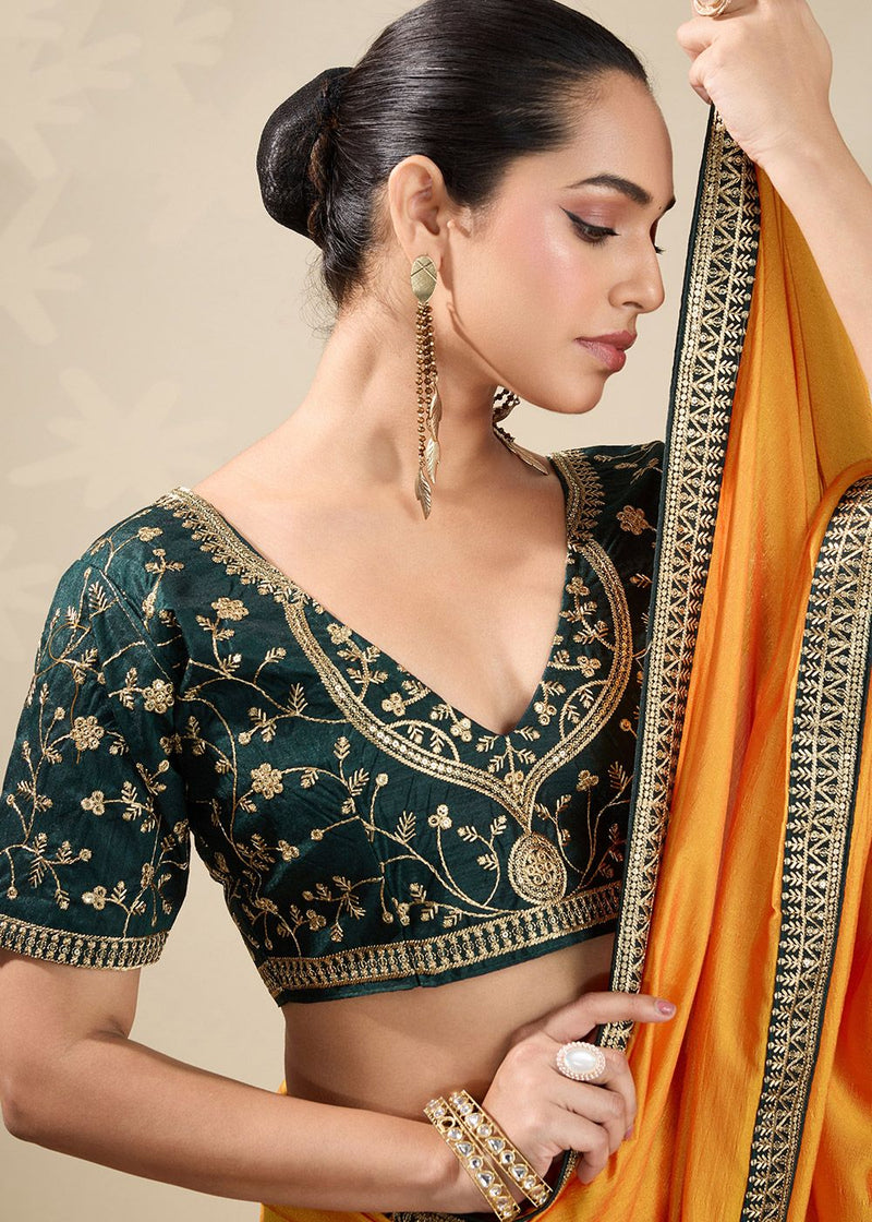 Nayoora Mustard Yellow Vichitra Saree with Emerald Green Embroidered Art Silk Blouse