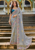 Nayoora Luxe Grey Teal Silk Cutwork Mirrorwork Saree - Nayoora