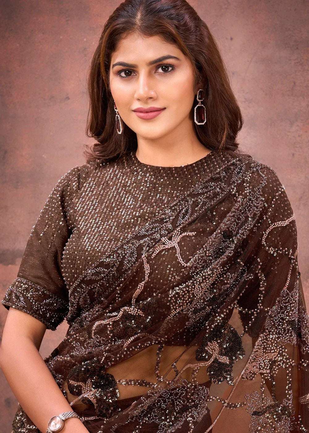Nayoora Luxe Chocolate Brown Jimmy Choo Cutwork Stitched Blouse Saree - Nayoora