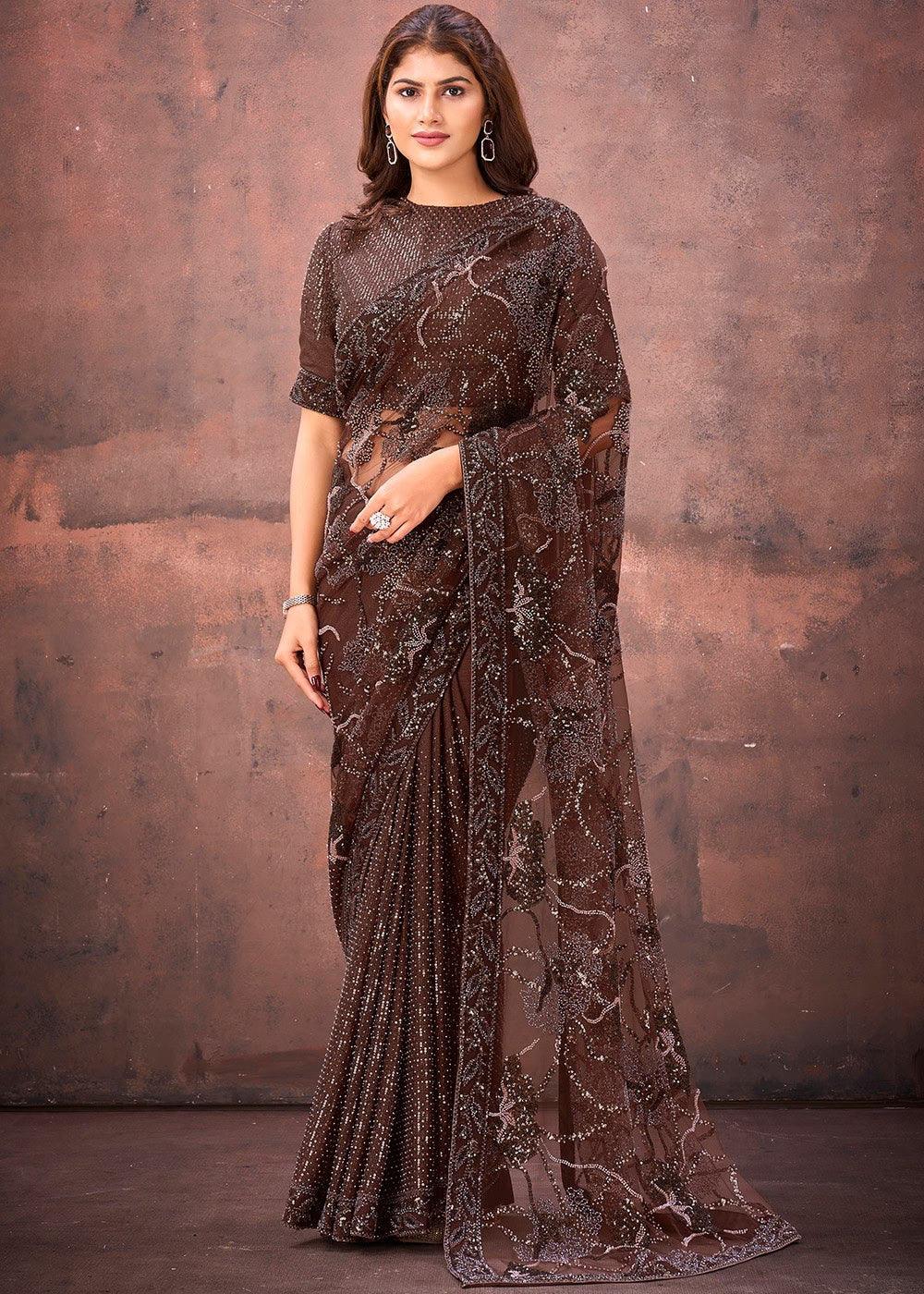 Nayoora Luxe Chocolate Brown Jimmy Choo Cutwork Stitched Blouse Saree - Nayoora