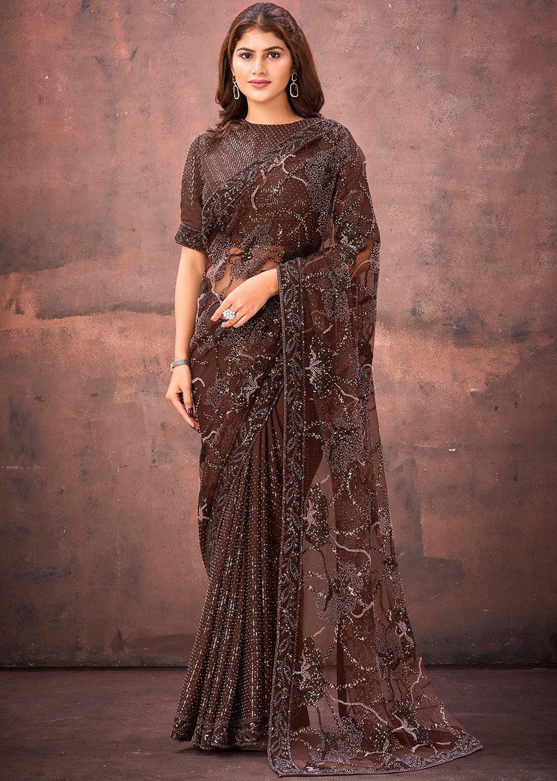 Chocolate brown embroidered blouse saree with cutwork stitch drape