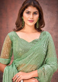 Nayoora Luxe Pista Green Jimmy Choo Pearl Work Stitched Blouse Saree - Nayoora