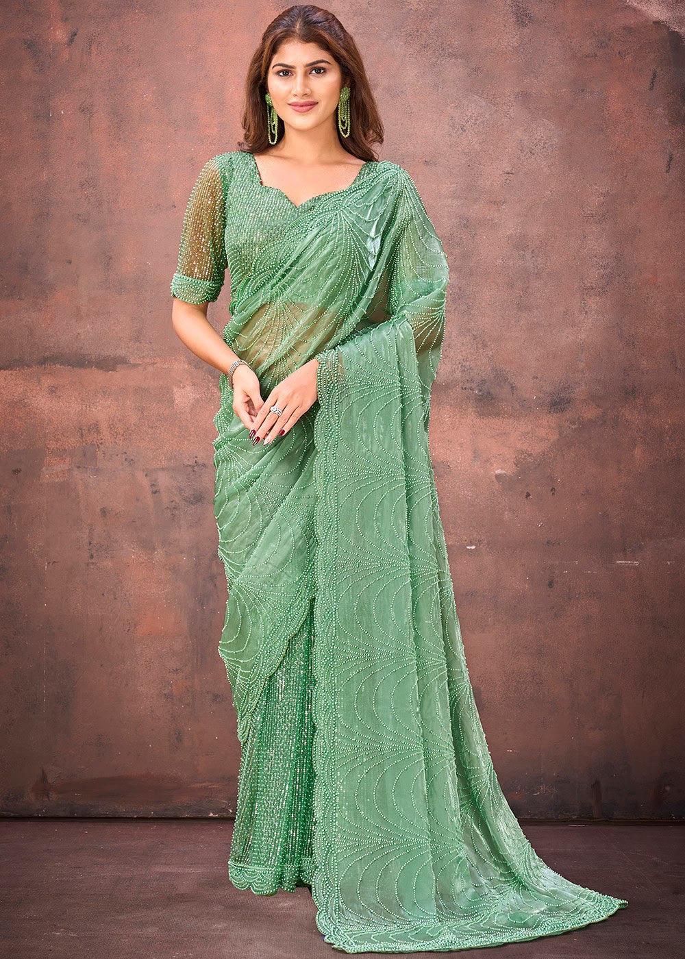 Nayoora Luxe Pista Green Jimmy Choo Pearl Work Stitched Blouse Saree - Nayoora