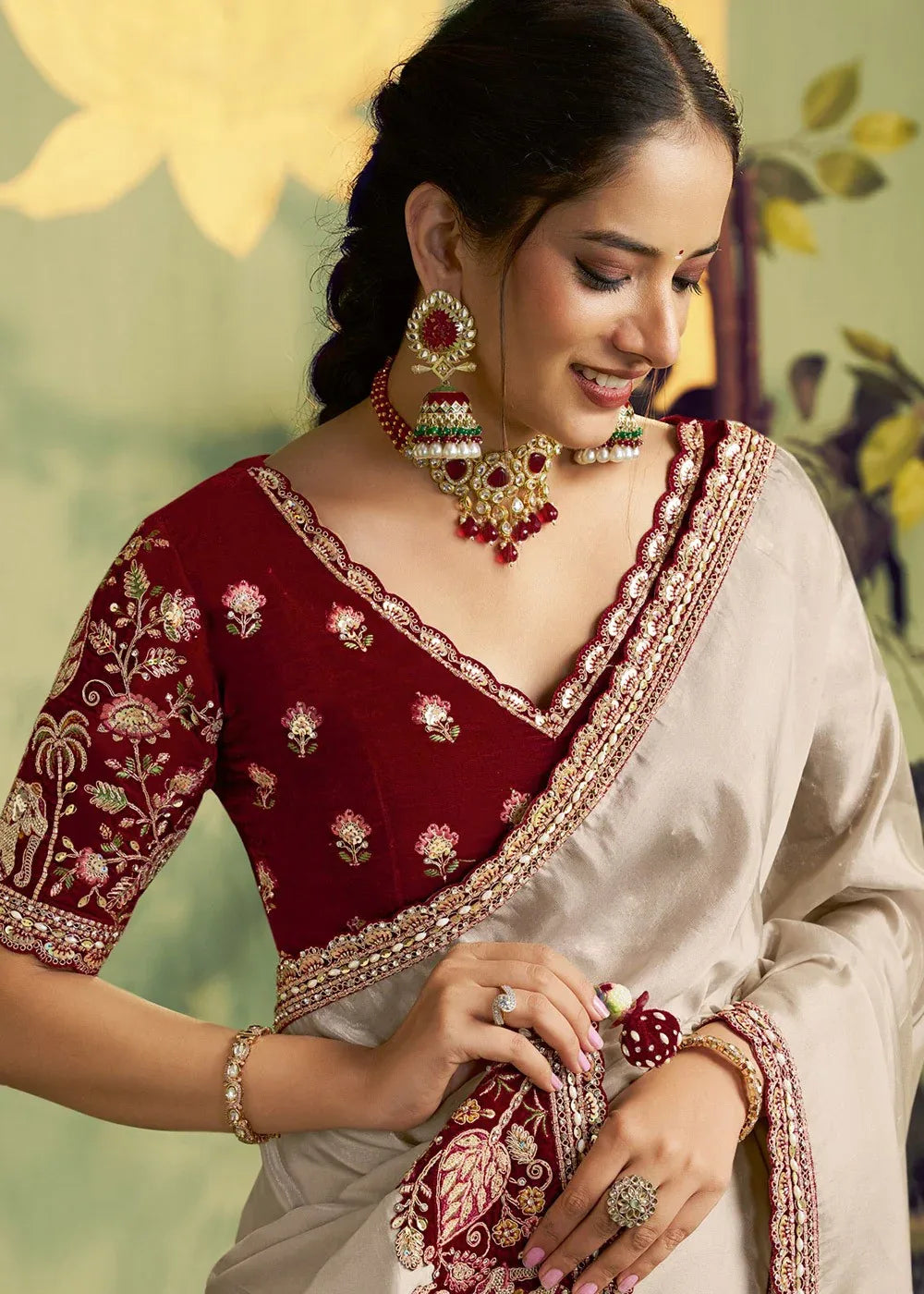Nayoora Luxe Pearl Ivory Upada Silk Saree with Maroon Velvet Blouse - Nayoora