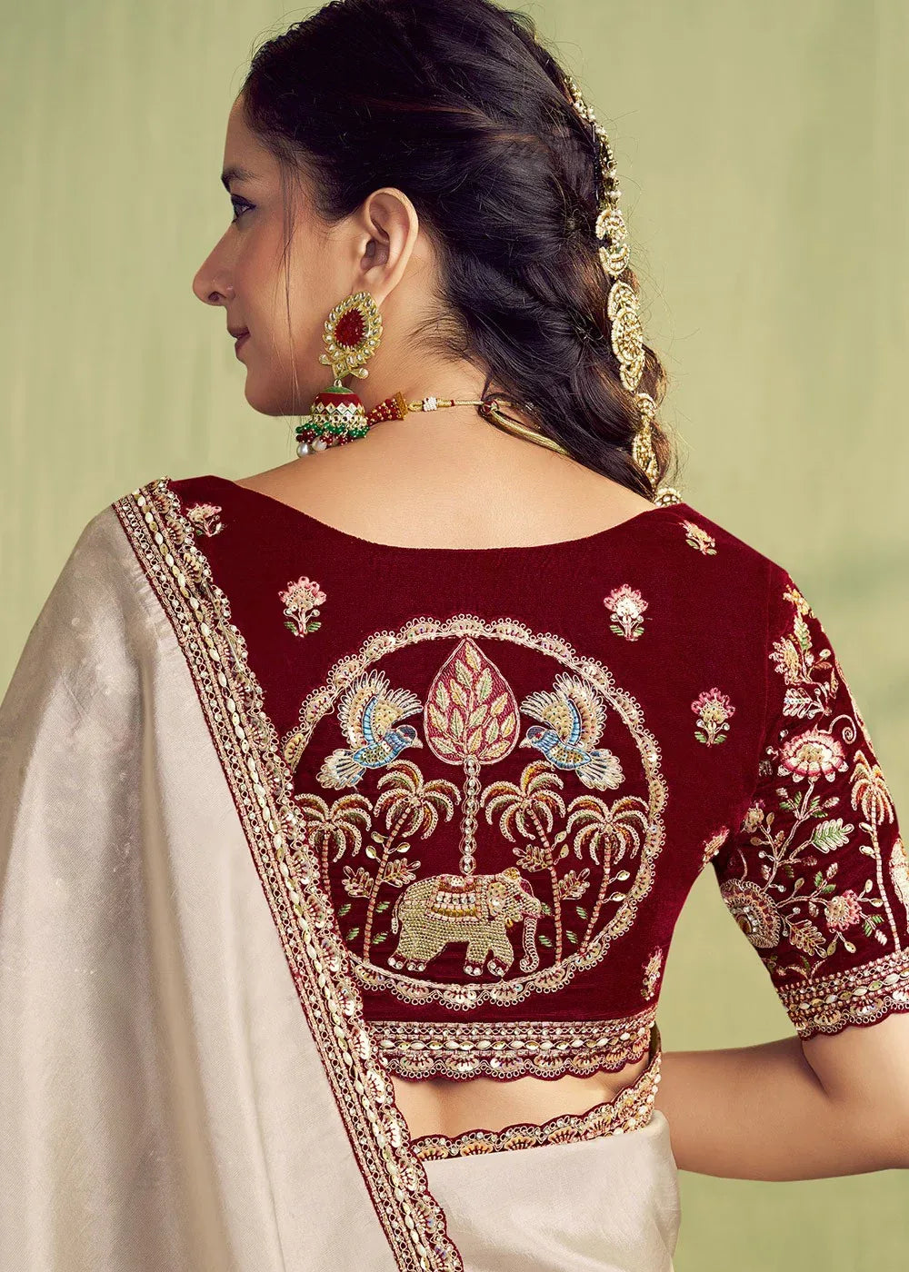 Nayoora Luxe Pearl Ivory Upada Silk Saree with Maroon Velvet Blouse - Nayoora