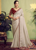 Nayoora Luxe Pearl Ivory Upada Silk Saree with Maroon Velvet Blouse - Nayoora