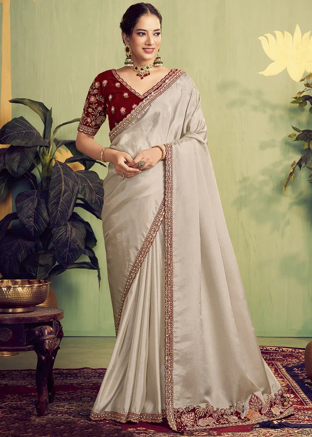 Nayoora Luxe Pearl Ivory Upada Silk Saree with Maroon Velvet Blouse - Nayoora