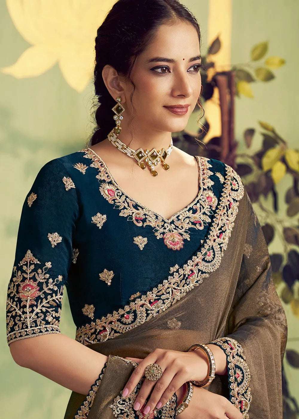 Nayoora Luxe Metallic Bronze Zari Organza Satin Designer Saree - Nayoora
