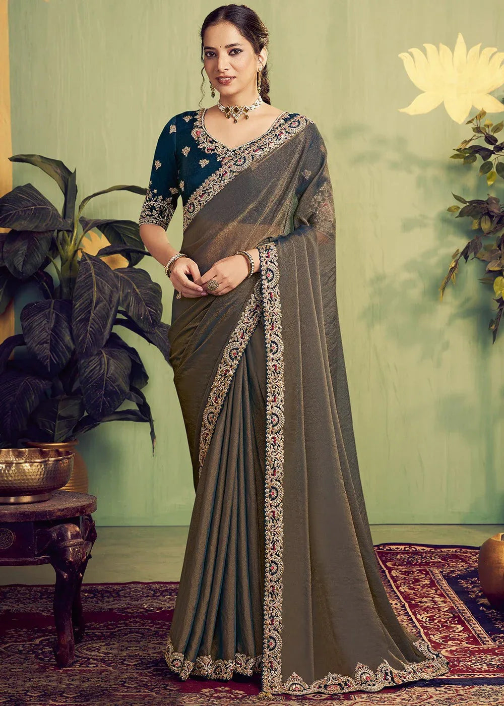Nayoora Luxe Metallic Bronze Zari Organza Satin Designer Saree - Nayoora