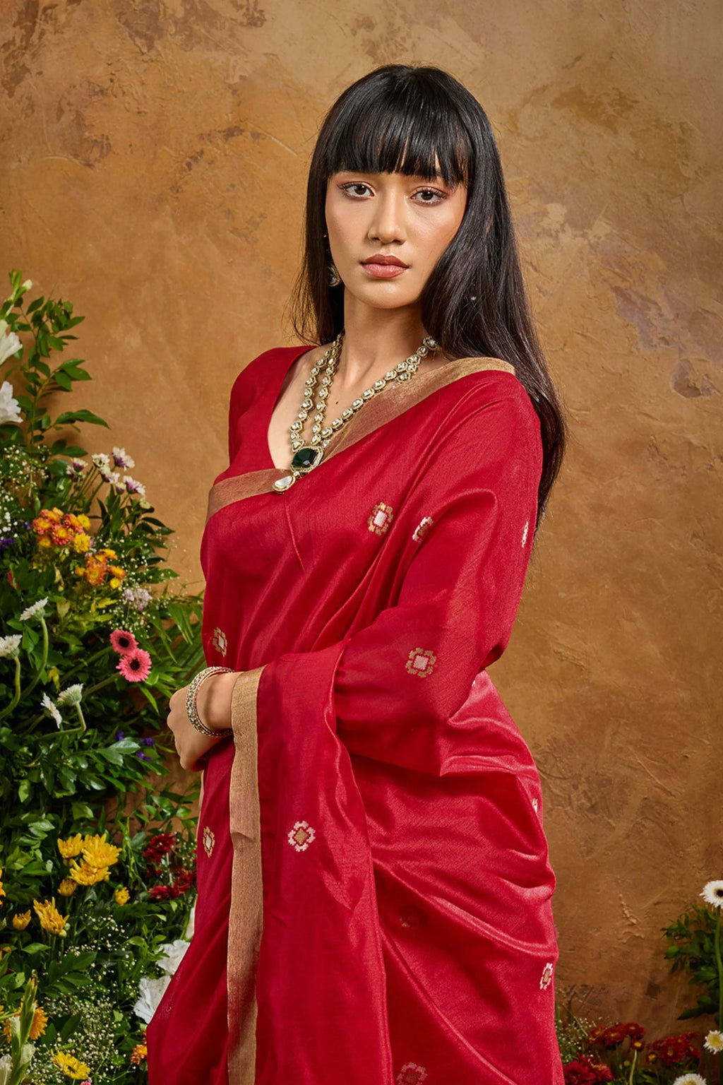Nayoora Red Tussar Silk Handloom Saree with Traditional Woven Border