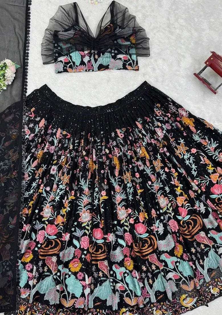 Black floral embroidered lehenga skirt with sequined embellishment close-up