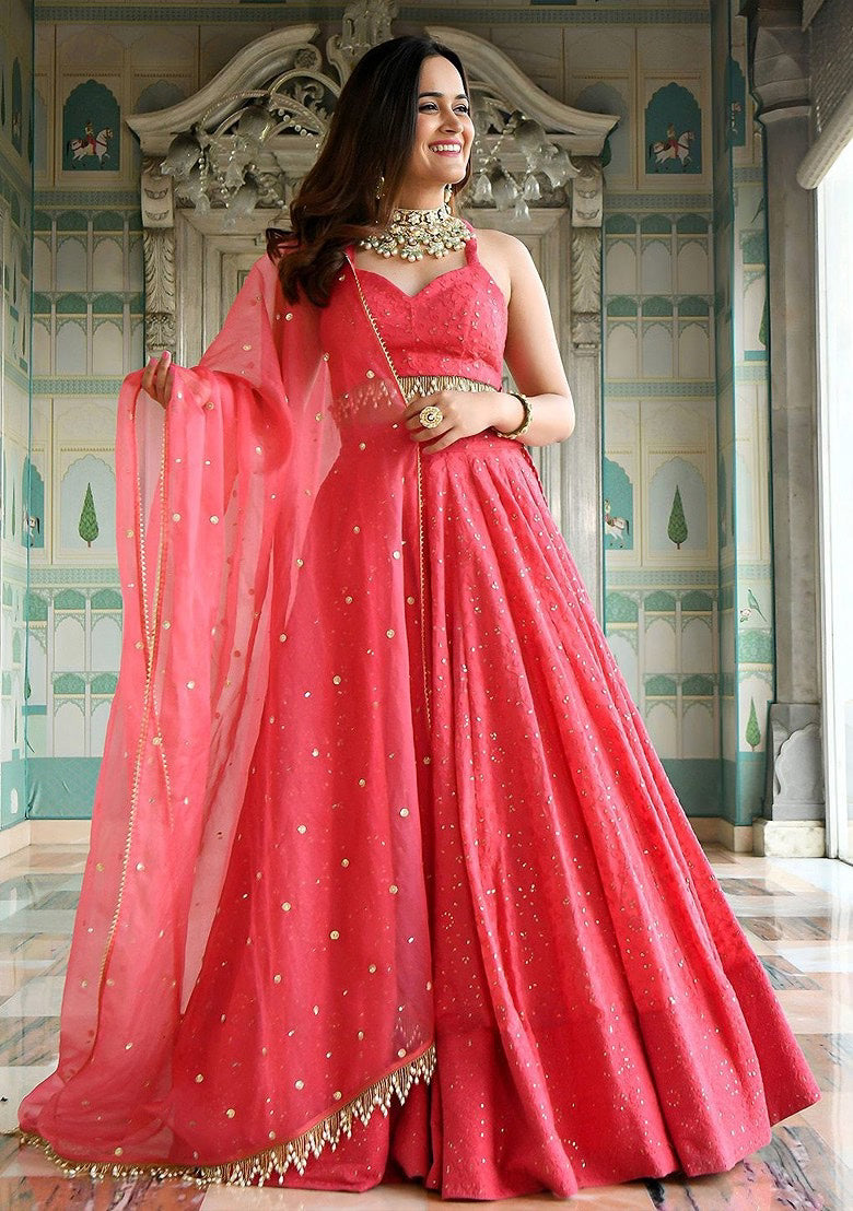 Nayoora Coral Glow Sequin Embroidered Lehenga Set
