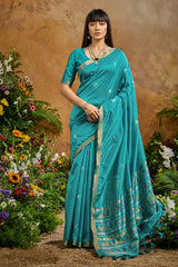 Nayoora Turquoise Blue Tussar Silk Handloom Saree with Traditional Woven Pallu