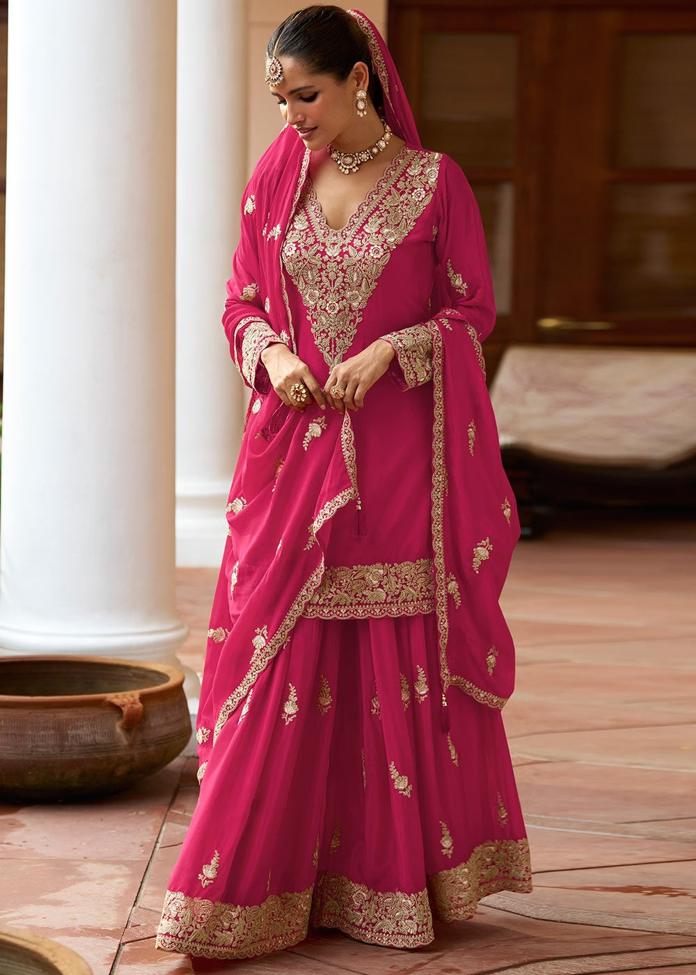 Nayoora Luxe Magenta Pink Real Chinnon Handwork Embroidered Palazzo Suit - Nayoora