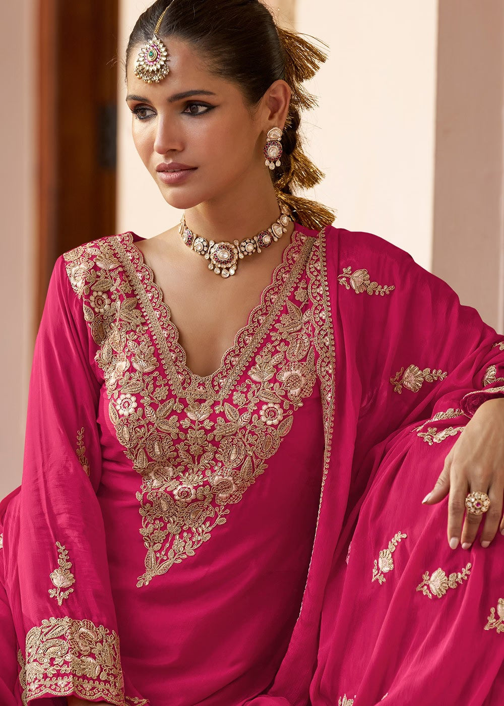 Nayoora Luxe Magenta Pink Real Chinnon Handwork Embroidered Palazzo Suit - Nayoora