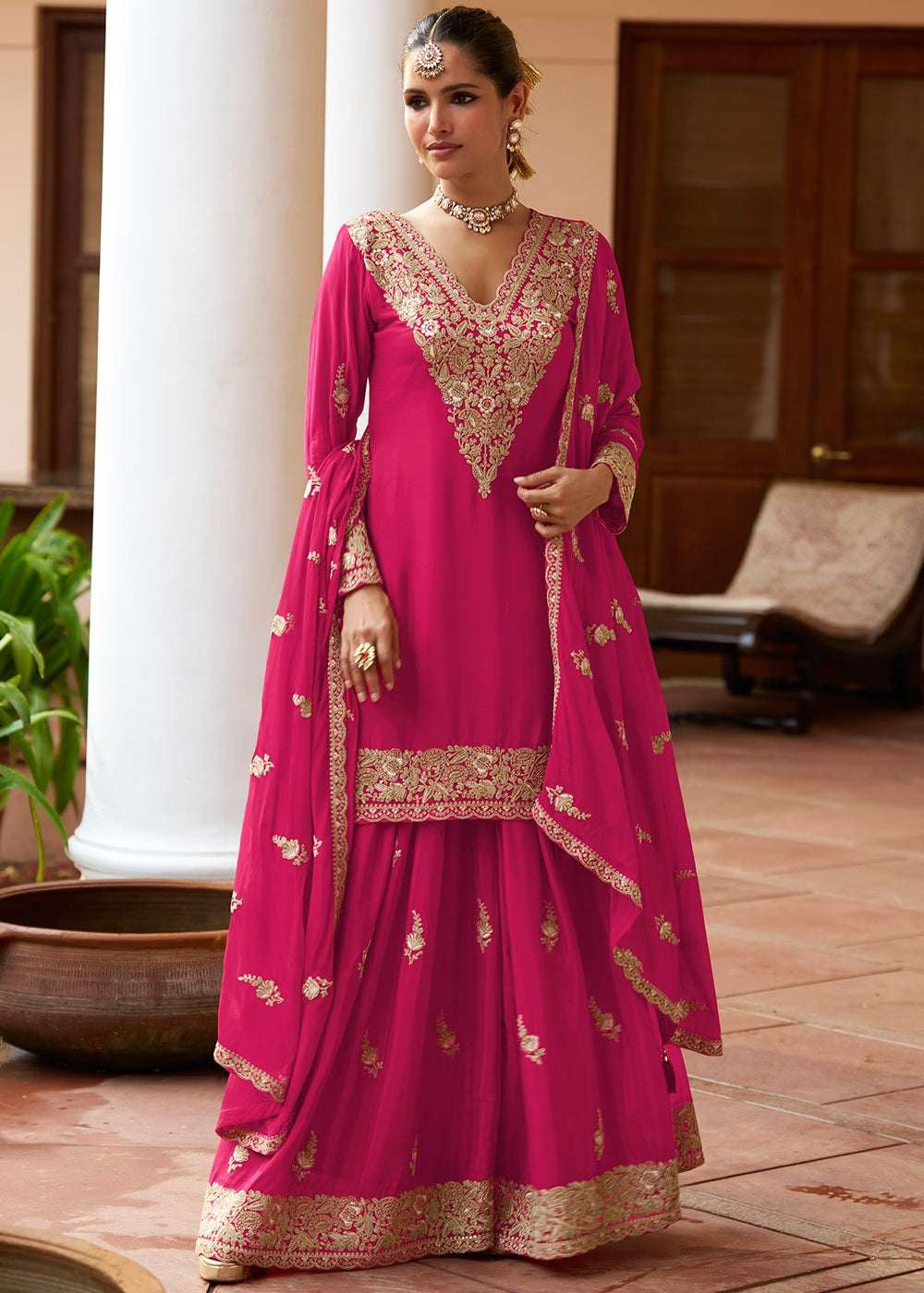 Nayoora Luxe Magenta Pink Real Chinnon Handwork Embroidered Palazzo Suit - Nayoora
