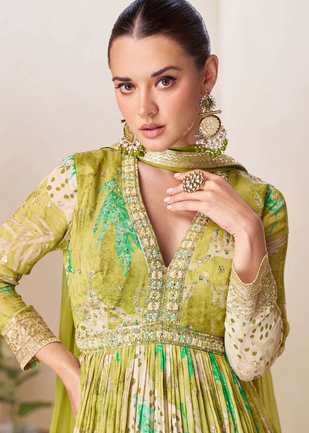 Nayoora Luxe Meadow Green Floral Chinon Anarkali Gown Set - Nayoora