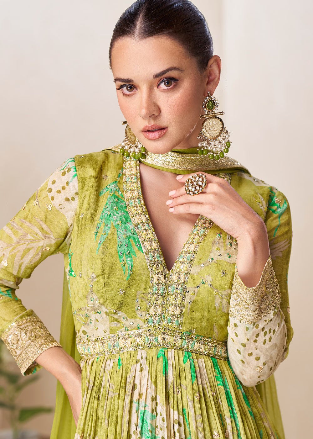 Nayoora Luxe Meadow Green Floral Chinon Anarkali Gown Set - Nayoora
