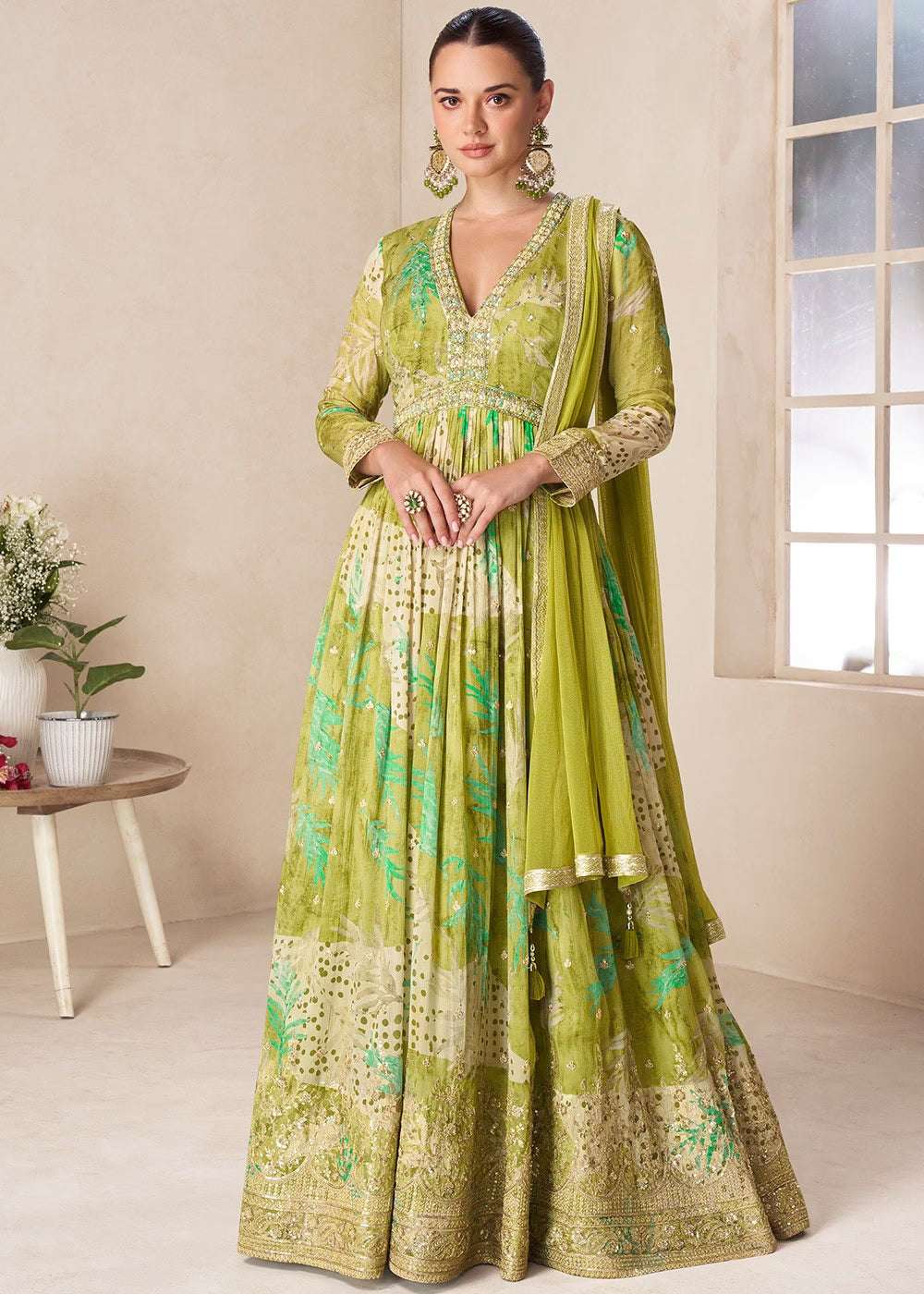 Nayoora Luxe Meadow Green Floral Chinon Anarkali Gown Set - Nayoora