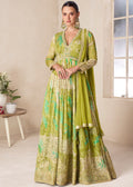 Nayoora Luxe Meadow Green Floral Chinon Anarkali Gown Set - Nayoora