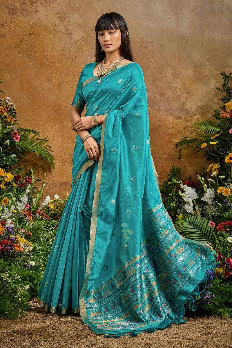 Nayoora Turquoise Blue Tussar Silk Handloom Saree with Traditional Woven Pallu