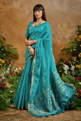 Nayoora Turquoise Blue Tussar Silk Handloom Saree with Traditional Woven Pallu