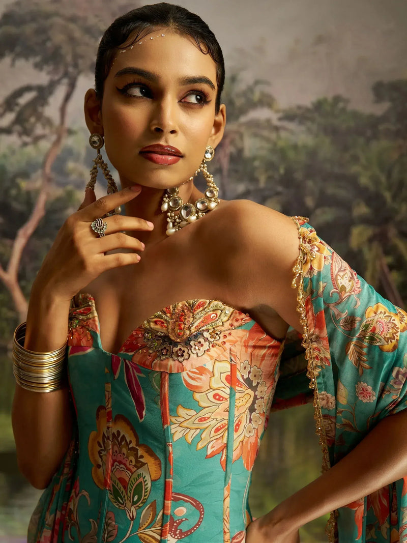 Nayoora Mint Blue Floral Georgette Lehenga Set