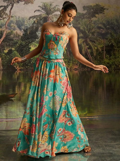 Nayoora Mint Blue Floral Georgette Lehenga Set