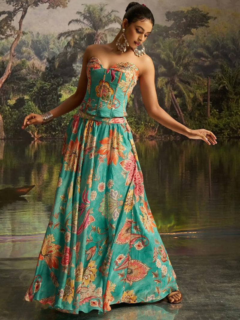 Nayoora Mint Blue Floral Georgette Lehenga Set