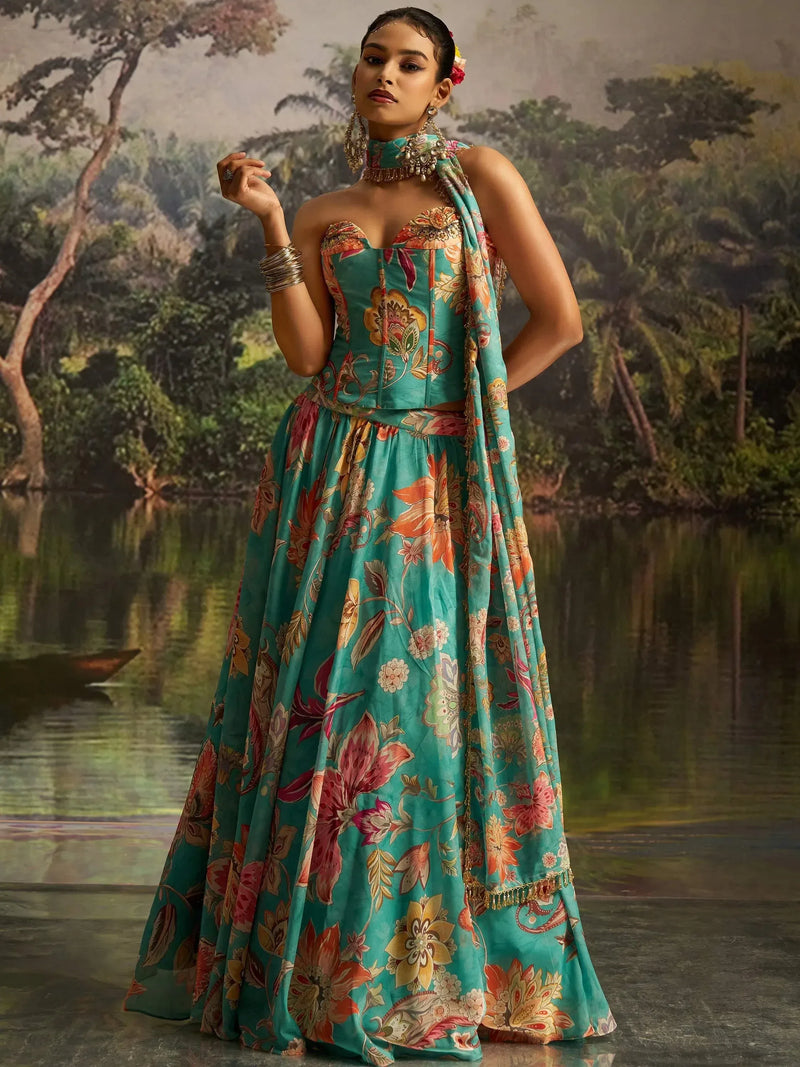 Nayoora Mint Blue Floral Georgette Lehenga Set