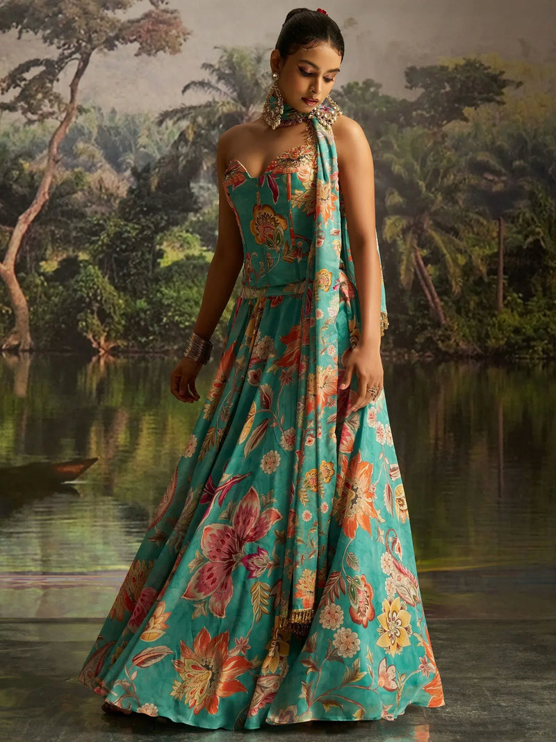 Nayoora Mint Blue Floral Georgette Lehenga Set
