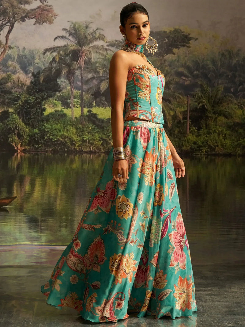 Nayoora Mint Blue Floral Georgette Lehenga Set