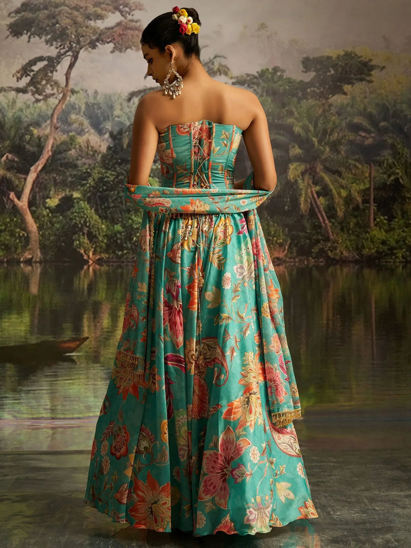 Nayoora Mint Blue Floral Georgette Lehenga Set