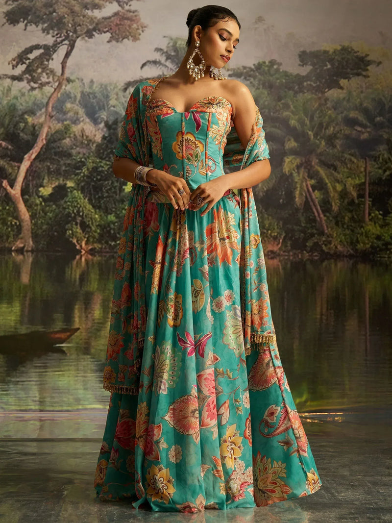 Nayoora Mint Blue Floral Georgette Lehenga Set