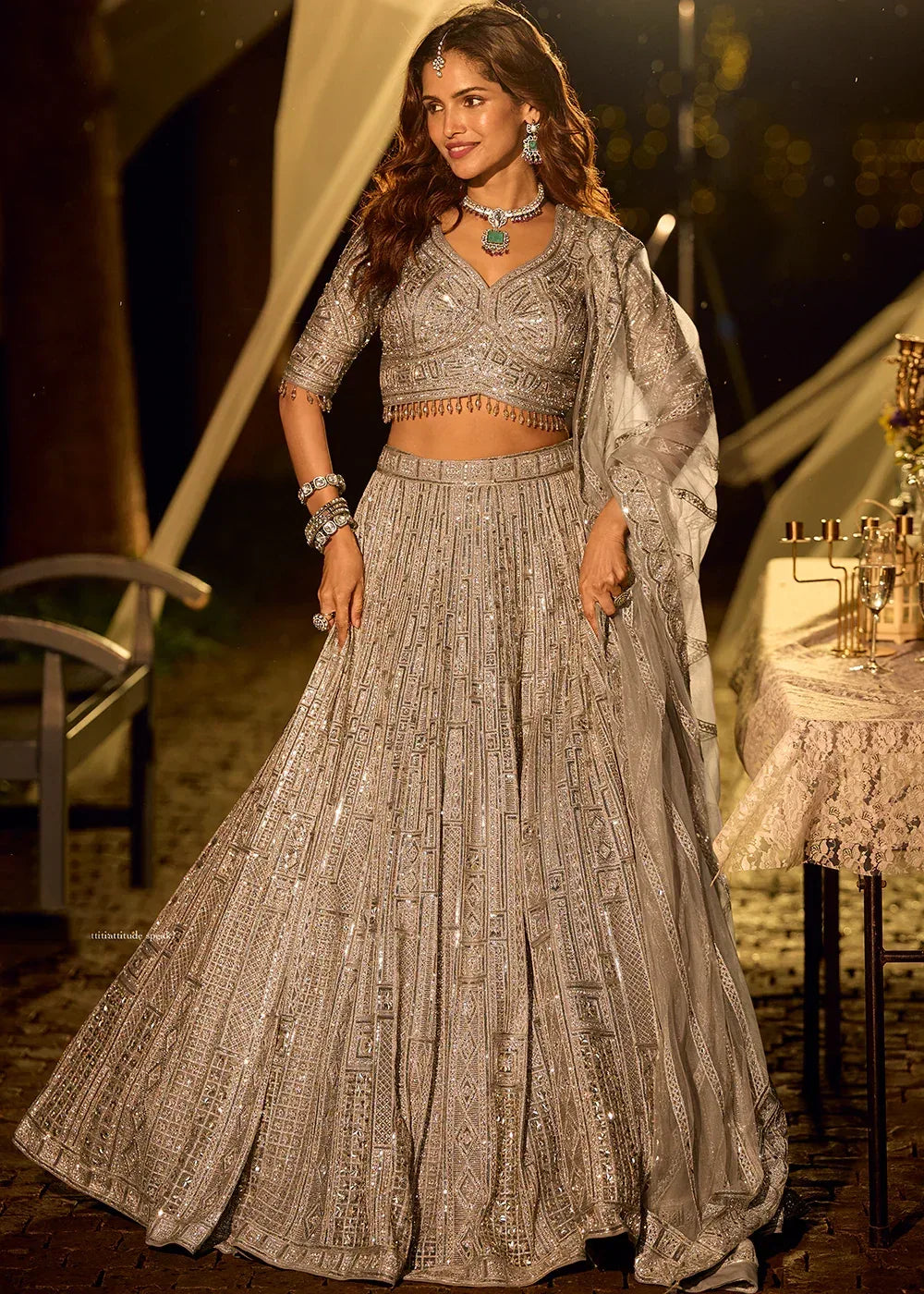 Nayoora Luxe Silver Metallic Net Mirror Work Bridal Lehenga - Nayoora