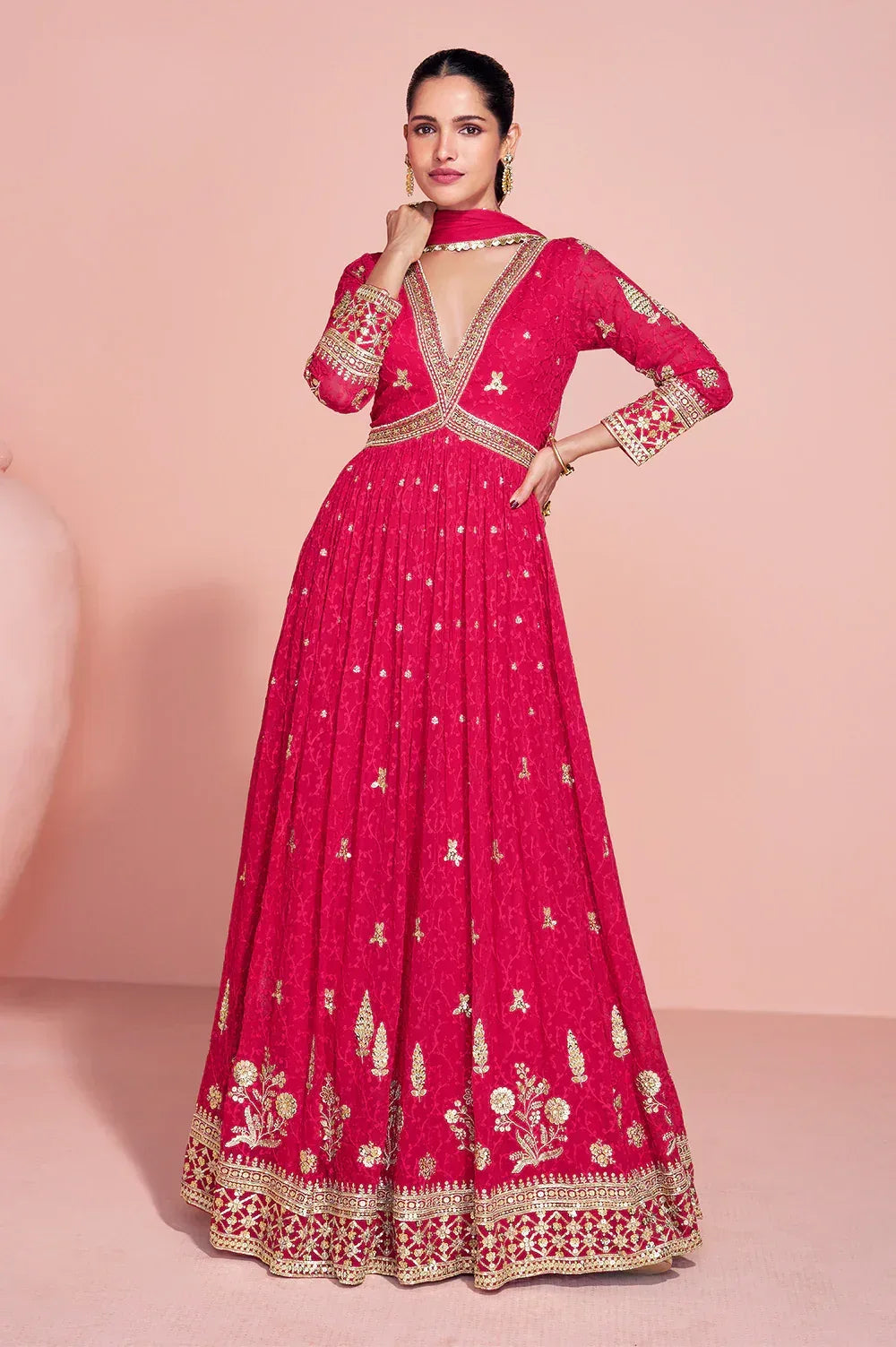 Nayoora Luxe Hot Pink Georgette Embroidered Anarkali Gown - Nayoora