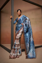 Nayoora Blue Multicolor Digital Print Sattin Crepe Designer Saree