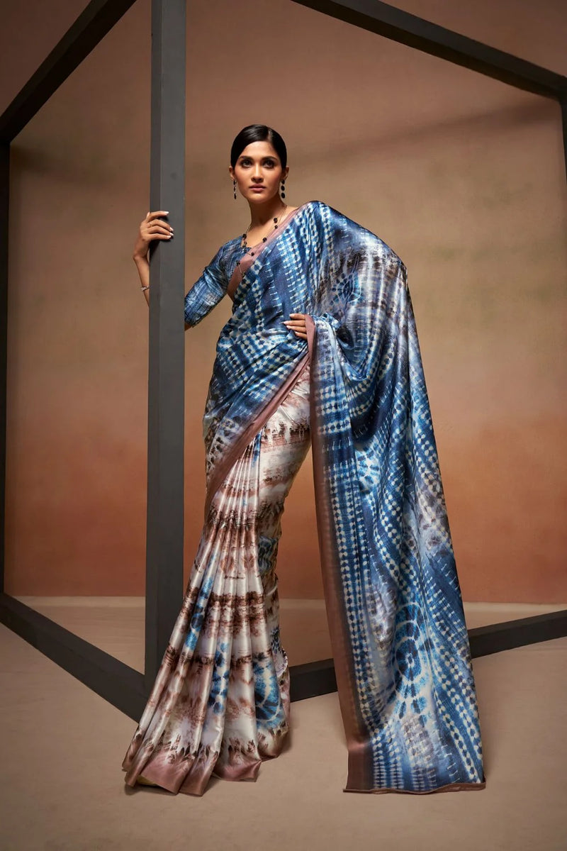 Nayoora Blue Multicolor Digital Print Sattin Crepe Designer Saree