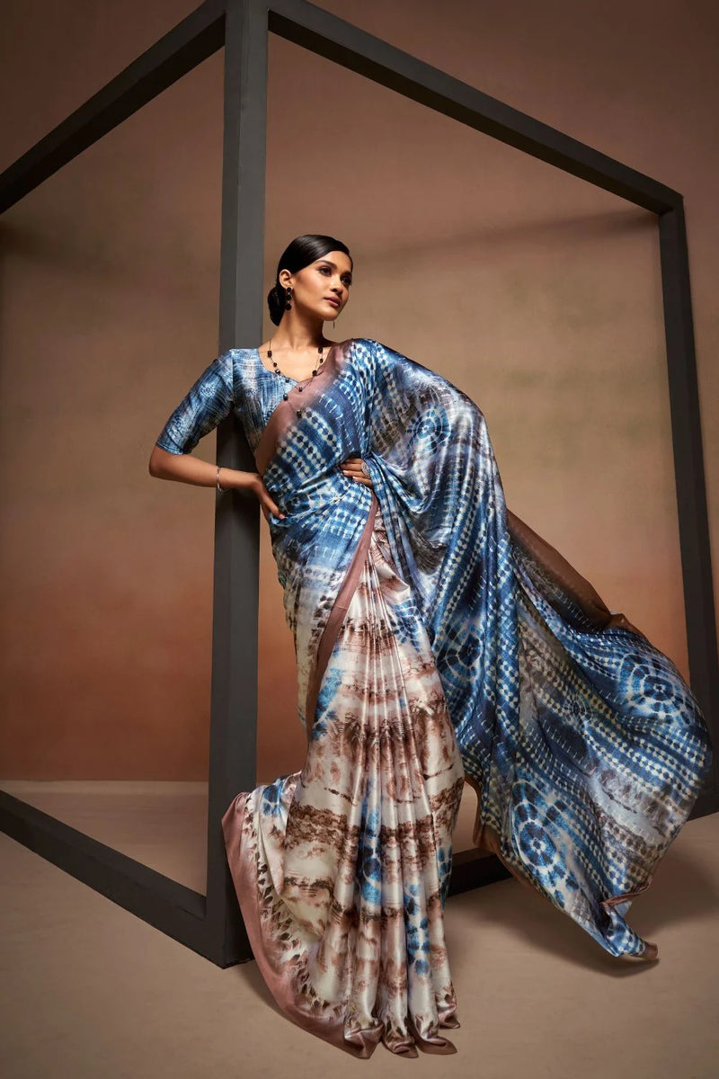 Nayoora Blue Multicolor Digital Print Sattin Crepe Designer Saree