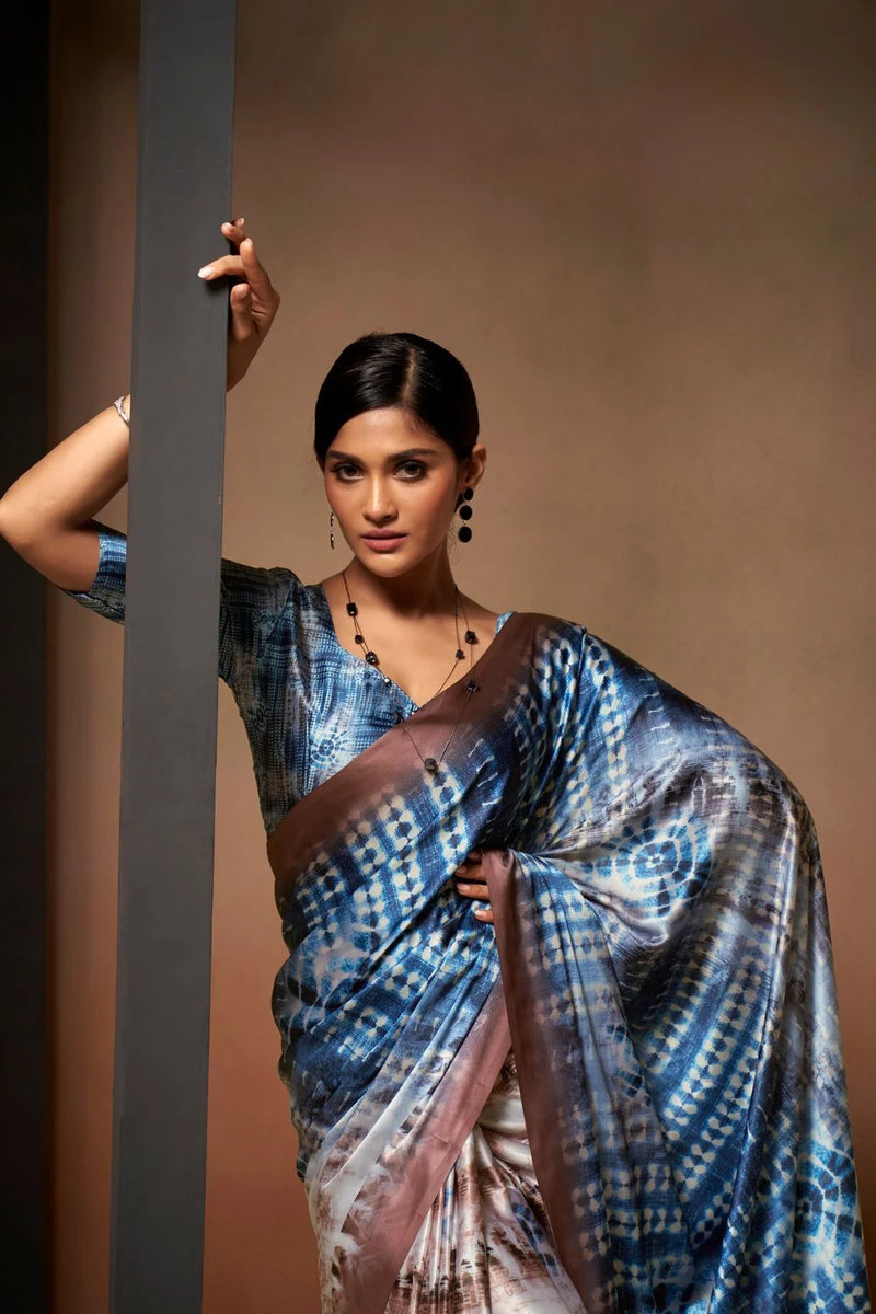 Nayoora Blue Multicolor Digital Print Sattin Crepe Designer Saree