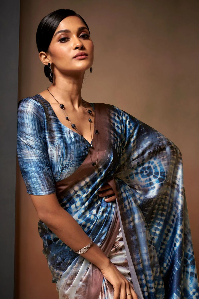 Nayoora Blue Multicolor Digital Print Sattin Crepe Designer Saree