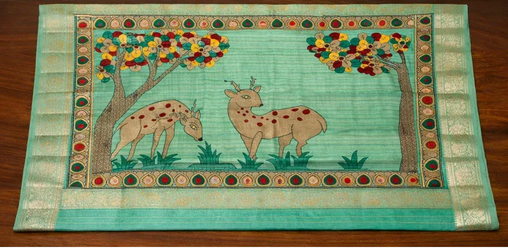 Nayoora Teal Green Kalamkari Art Silk Designer Saree - Nayoora