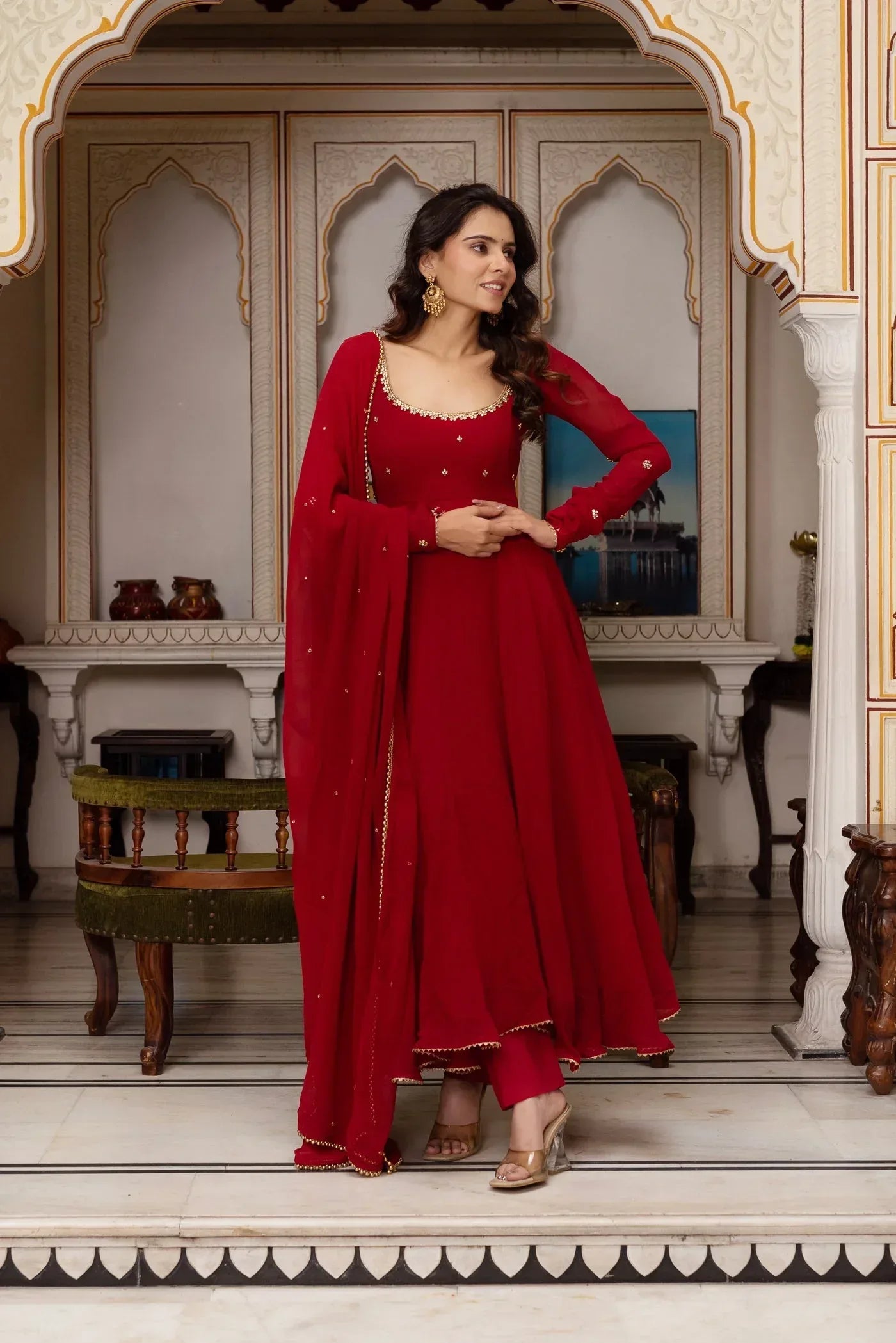 Nayoora Red Faux Georgette Sequin Anarkali Suit - Nayoora