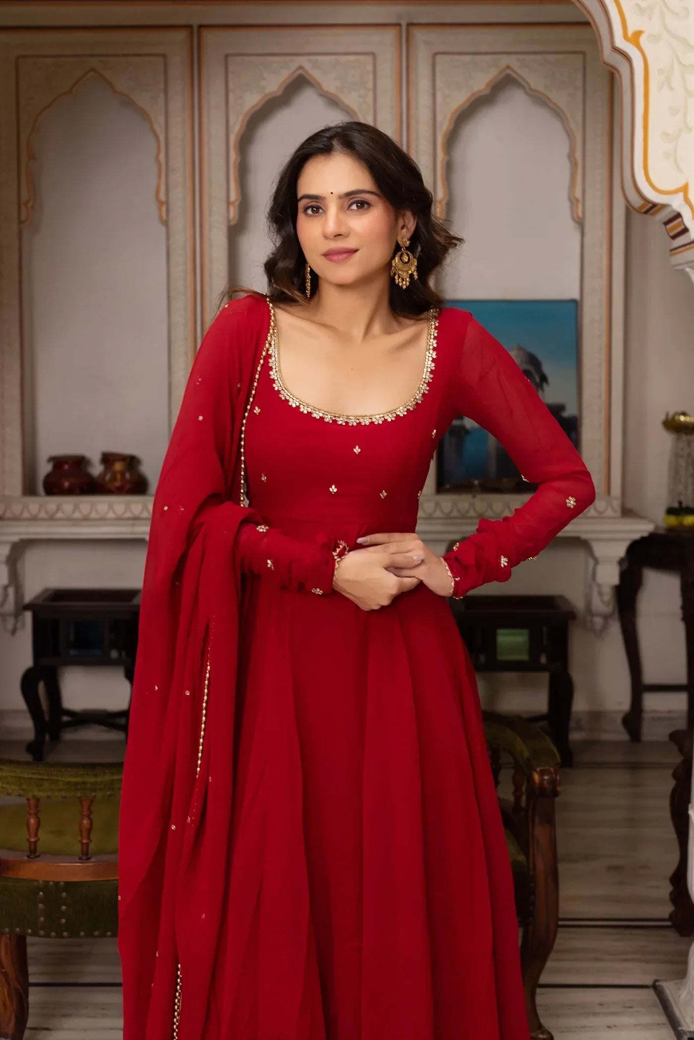 Nayoora Red Faux Georgette Sequin Anarkali Suit - Nayoora