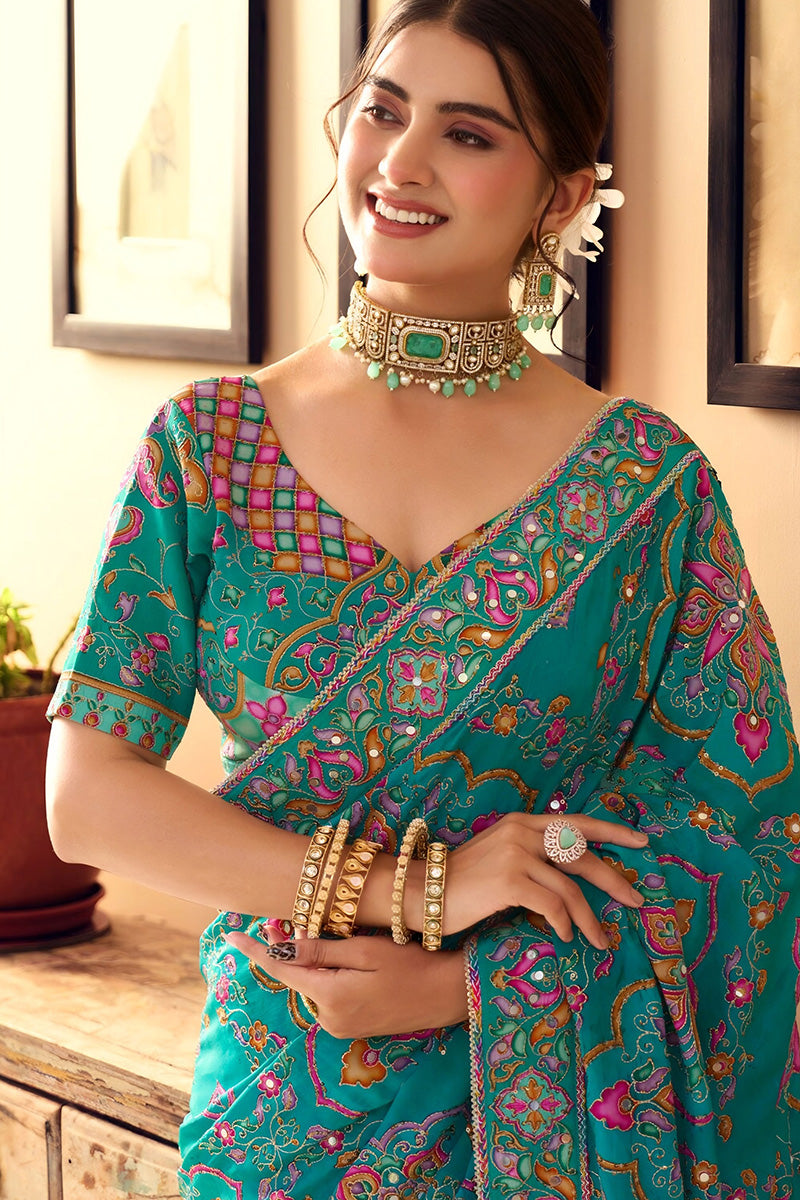Nayoora Rama Green Premium Sequence & Real Mirror Work Designer Saree