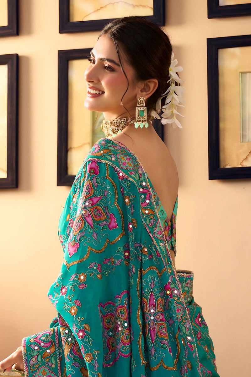 Nayoora Rama Green Premium Sequence & Real Mirror Work Designer Saree