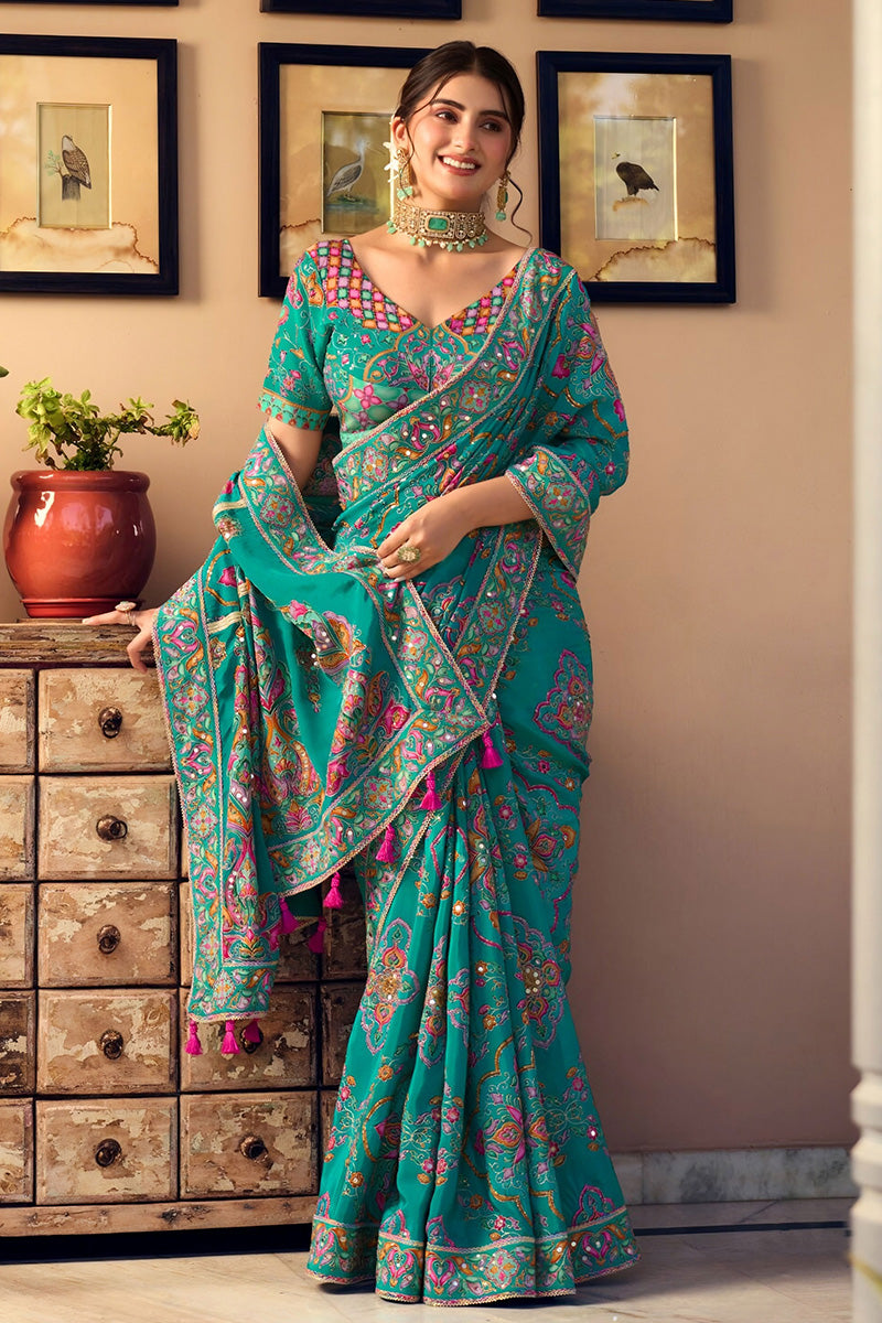 Nayoora Rama Green Premium Sequence & Real Mirror Work Designer Saree