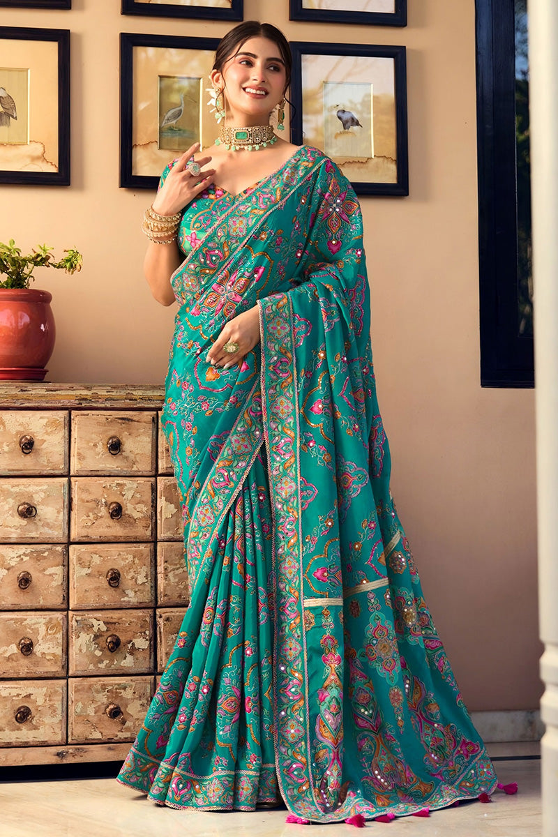 Nayoora Rama Green Premium Sequence & Real Mirror Work Designer Saree