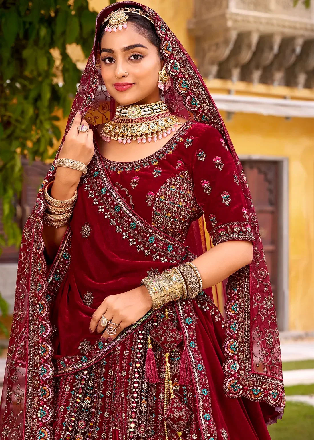 Nayoora Luxe Deep Maroon Velvet Zarkan & Multi-Thread Couture Bridal Lehenga - Nayoora